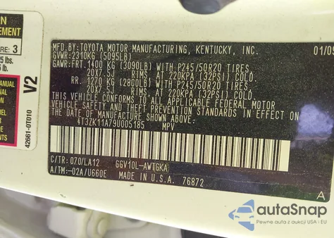 2009 Toyota Venza Base V6 z USA, uszkodzony, nr VIN 4T3ZK11A79U005185